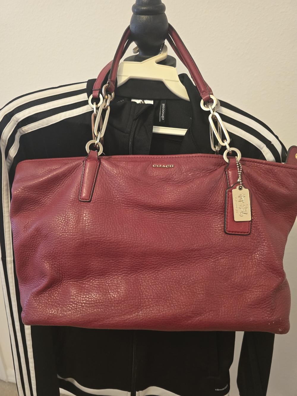 Coach Burgundy Pebbled Leather Tote with Gold Hardware.